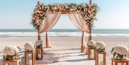 Beautiful wooden decorative arch with flowers on the beach, white walkway for wedding ceremony