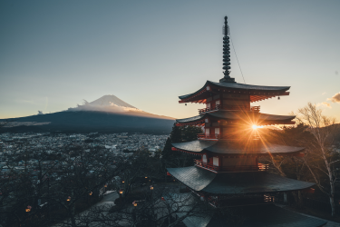 Temple, Fujisan and Sun by Tianshu Liu on Unsplash